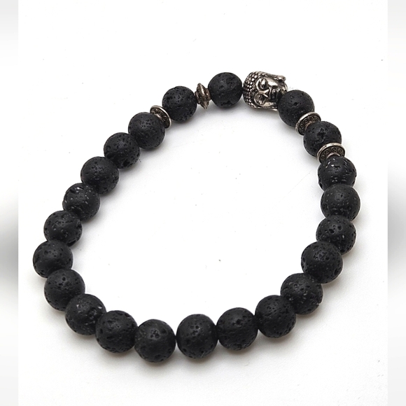 ๐ข3/$19๐ข Buddha Lava Bead Stretch Bracelet Black Silver Unisex - Picture 5 of 5